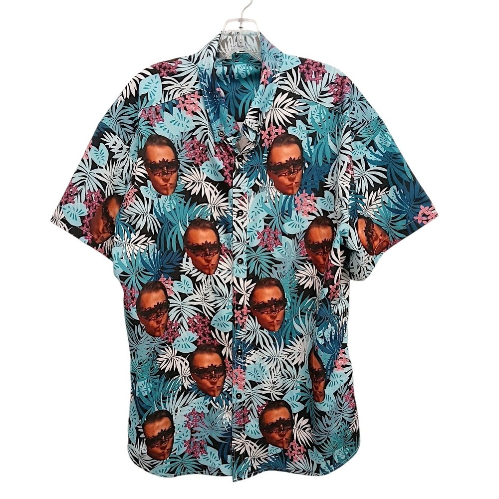 Crazy Party Shirt Hawaiian Aloha Tropical Floral Sz M Teal‎ Palm Luau Mans Face